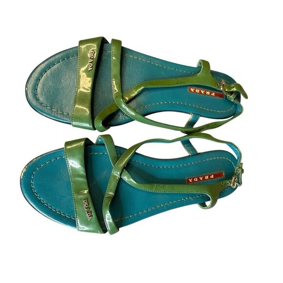 Prada Green & Blue Patent Leather Strappy Sandals - Size 38 (US 8) - Picture 2 of 9